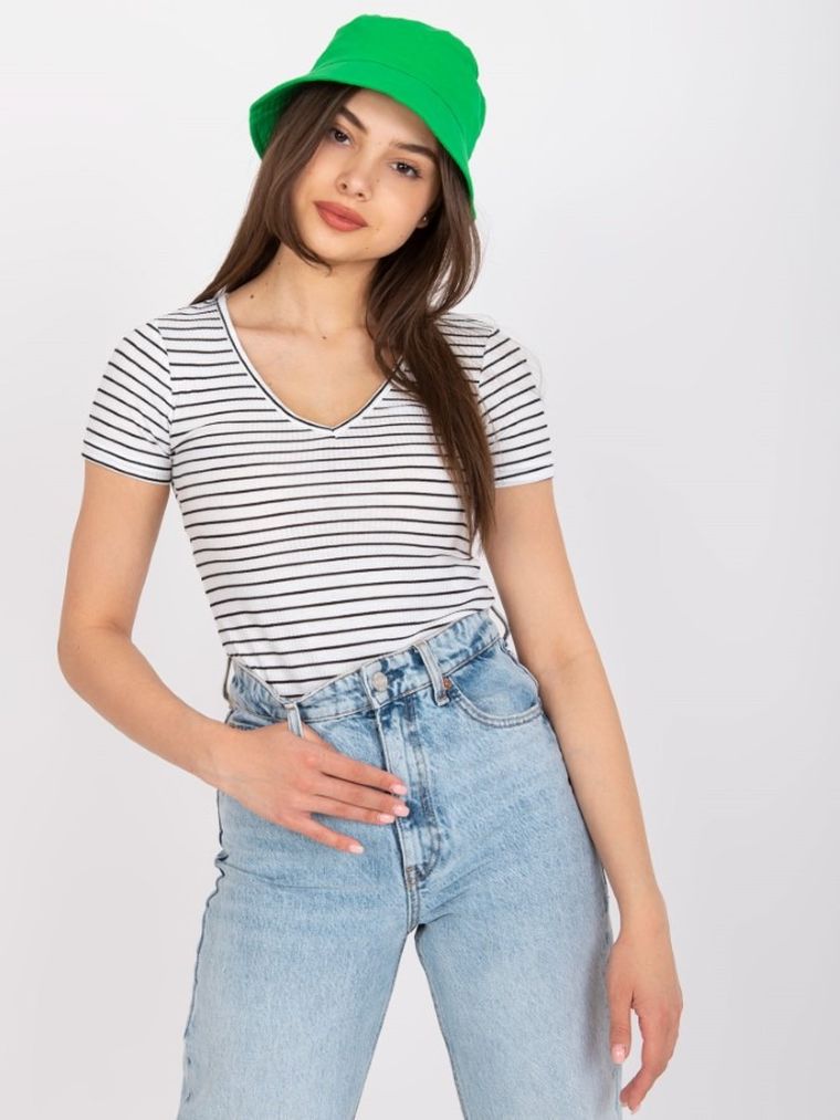 Bluzka damska z krótkim rękawem, prążkowana, biała, Och Bella