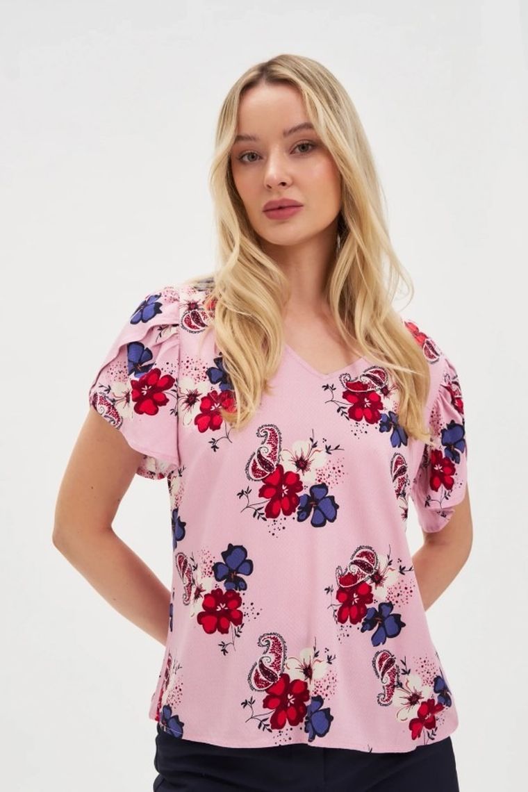 Bluzka damska z krótkim rękawem, różowa, Moodo