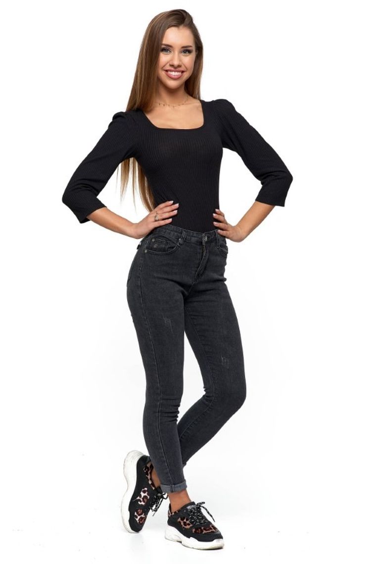 Bluzka damska z rękawem 3/4, prążkowana, czarna, Moraj