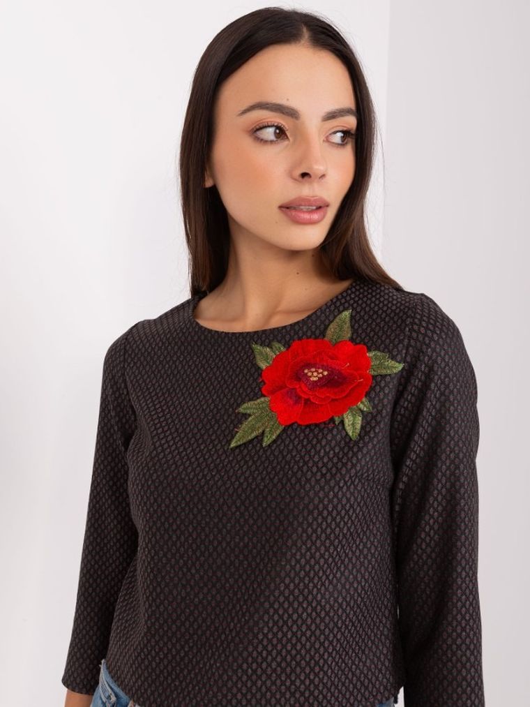 Bluzka damska z rękawem 3/4, wełniana, czarna, Lakerta