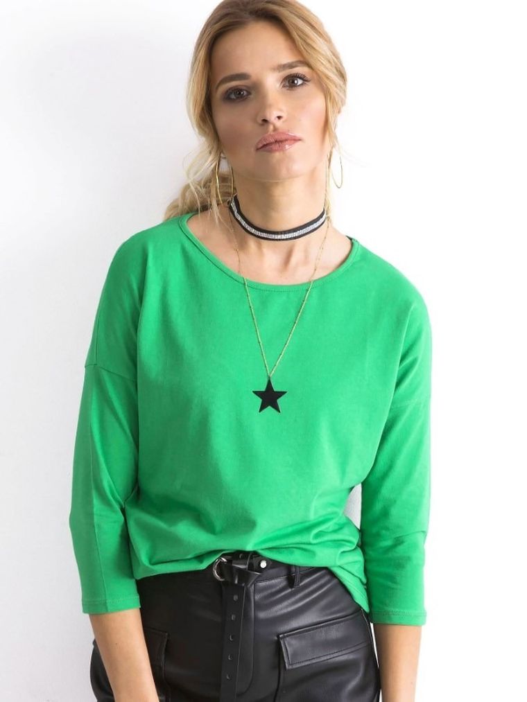 Bluzka damska z rękawem 3/4, zielona, Basic Feel Good