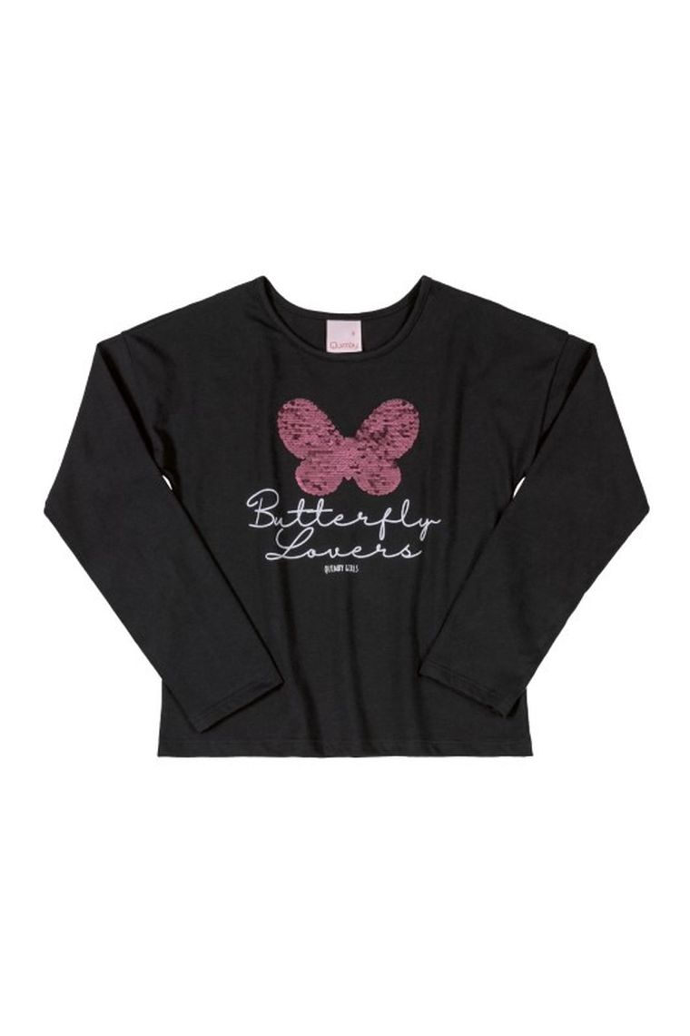 Bluzka dziewczęca z długim rękawem, czarna, dwustronne cekiny, Quimby