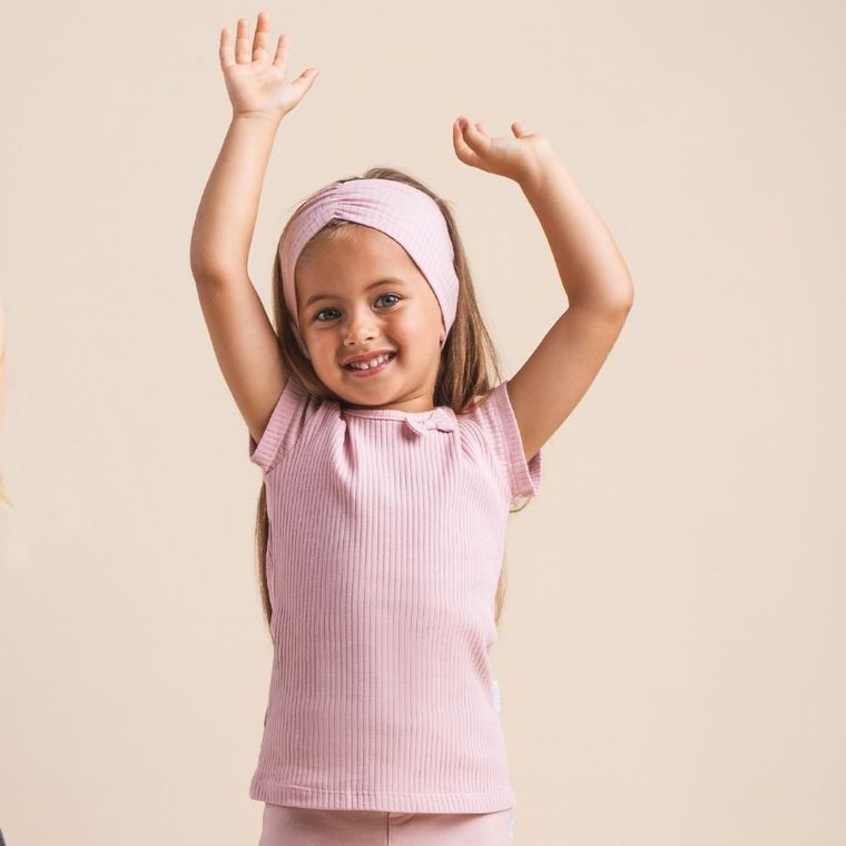 Bluzka dziewczęca z krótkim rękawem, prążkowana, różowa, Nicol