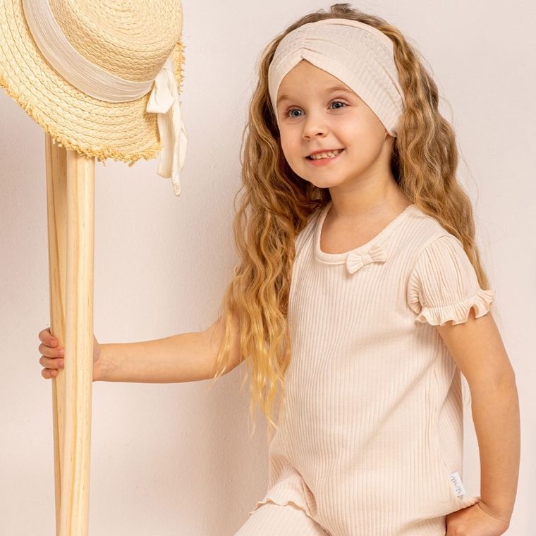 Bluzka dziewczęca z krótkim rękawem, prążkowana, różowa, Nicol