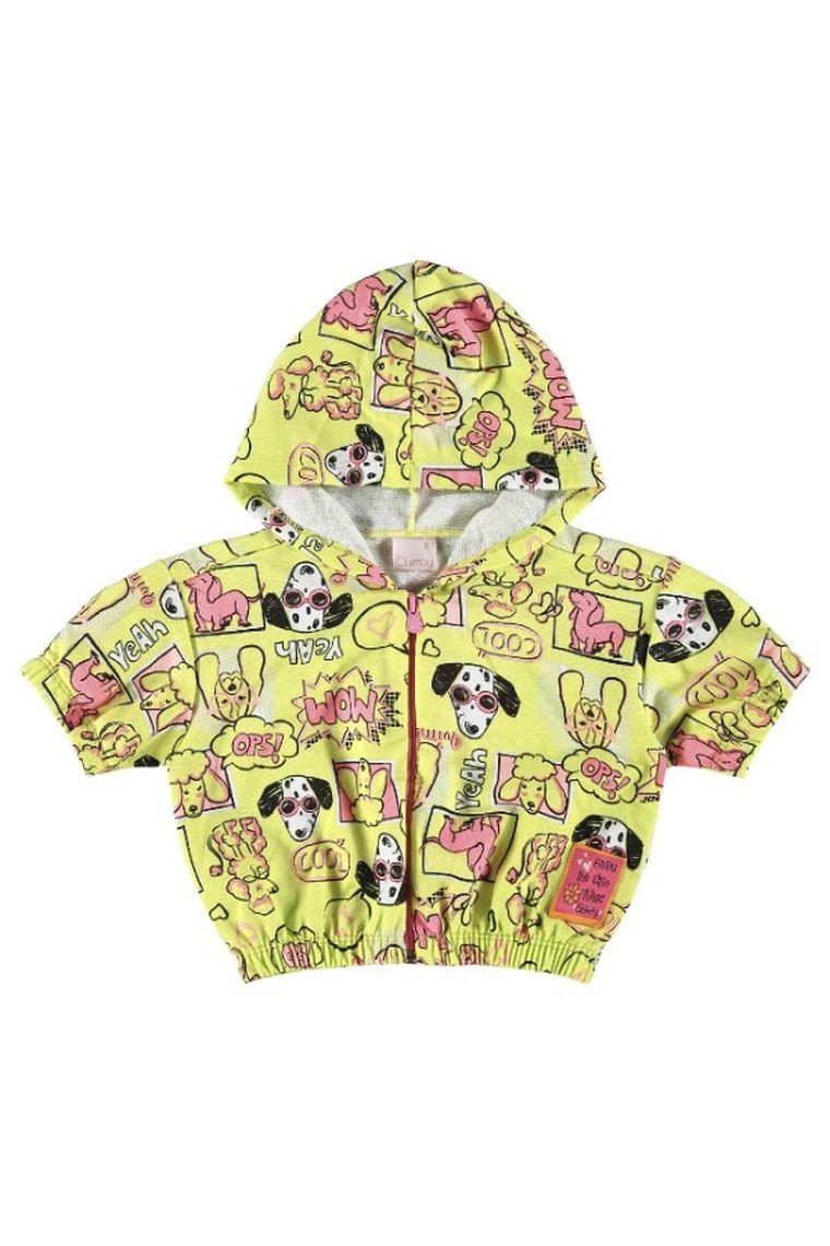 Bluzka dziewczęca z krótkim rękawem, z kapturem, rozpinana, limonkowa, Quimby