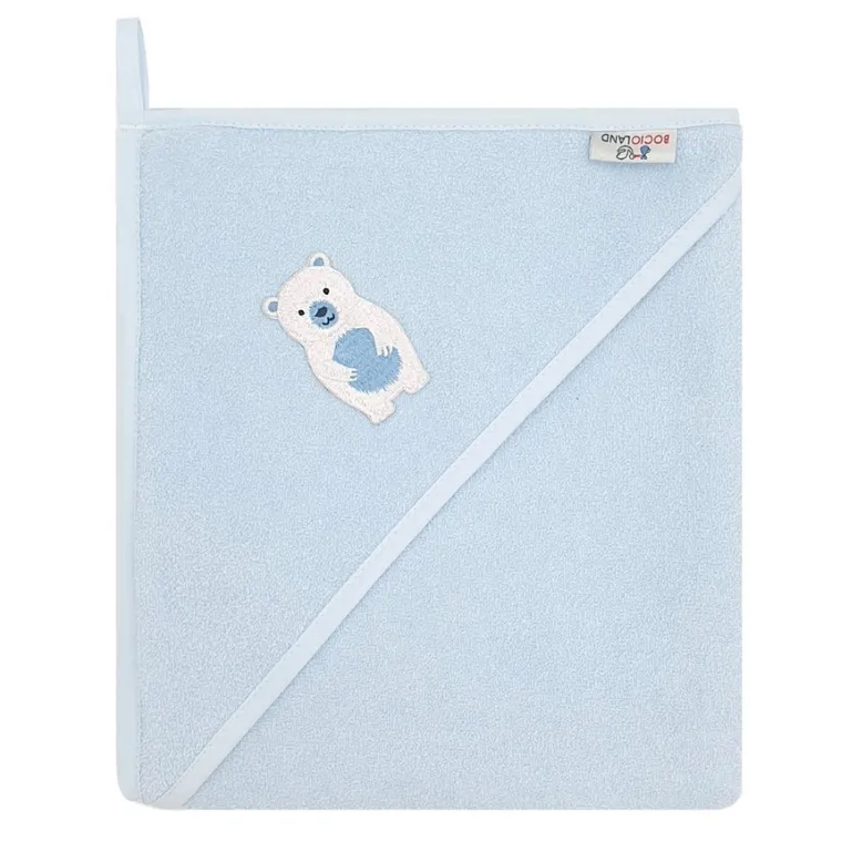 Bocioland, Miś polarny, bawełniane okrycie kąpielowe, ręcznik z kapturkiem, niebieskie, 100-100 cm