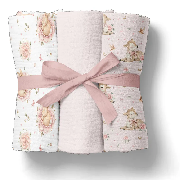 Bocioland, pieluszki muślinowe, marszczone, różowe, 70-70 cm, 3 szt.