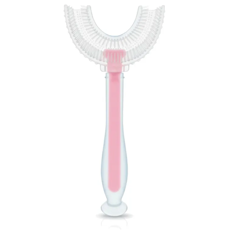 Bocioland, szczoteczka silikonowa w kształcie litery U do zębów, różowa