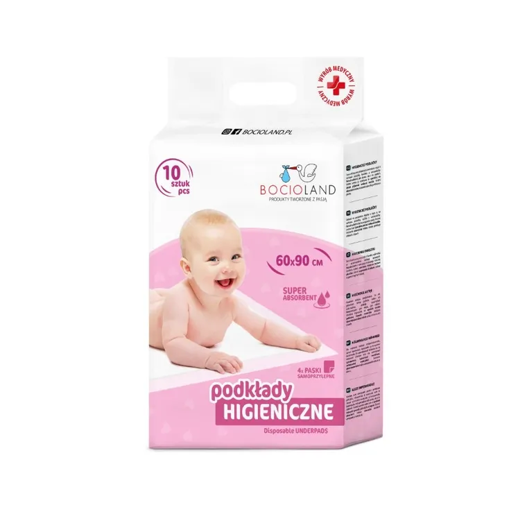 Bocioland, wielofunkcyjne podkłady higieniczne z przylepcem, jednorazowe, 90-60 cm, 10 szt.