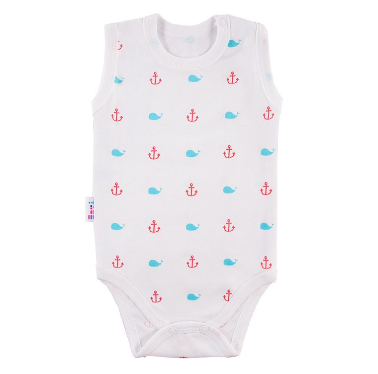 Body chłopięce bez rękawów, białe, kotwice, wieloryby, Eevi