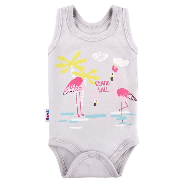 Body dziewczęce bez rękawów, szare, flamingi, Eevi