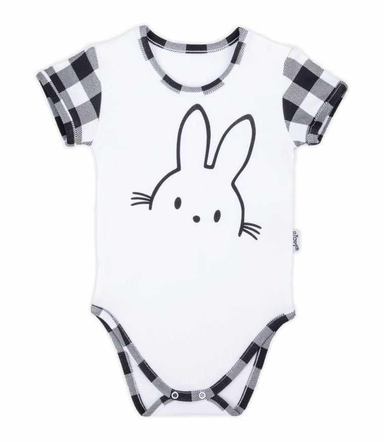 Body niemowlęce z krótkim rękawem, biało-czarne, królik, kratka, Nicol