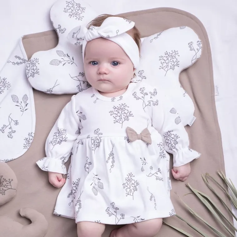 Body sukienka dziewczęce z długim rękawem, ecru, kokardka, Nicol