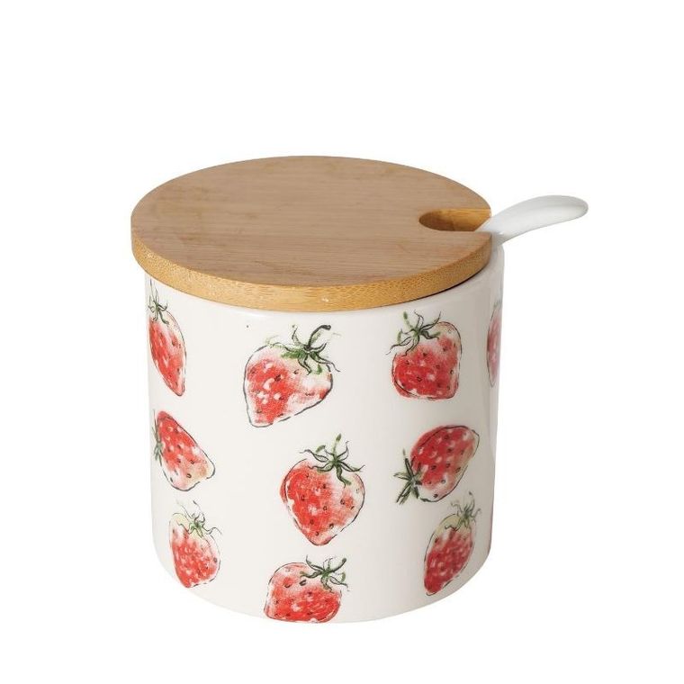 Boltze Home, ceramiczny pojemnik z łyżką i bambusową pokrywą, strawberry