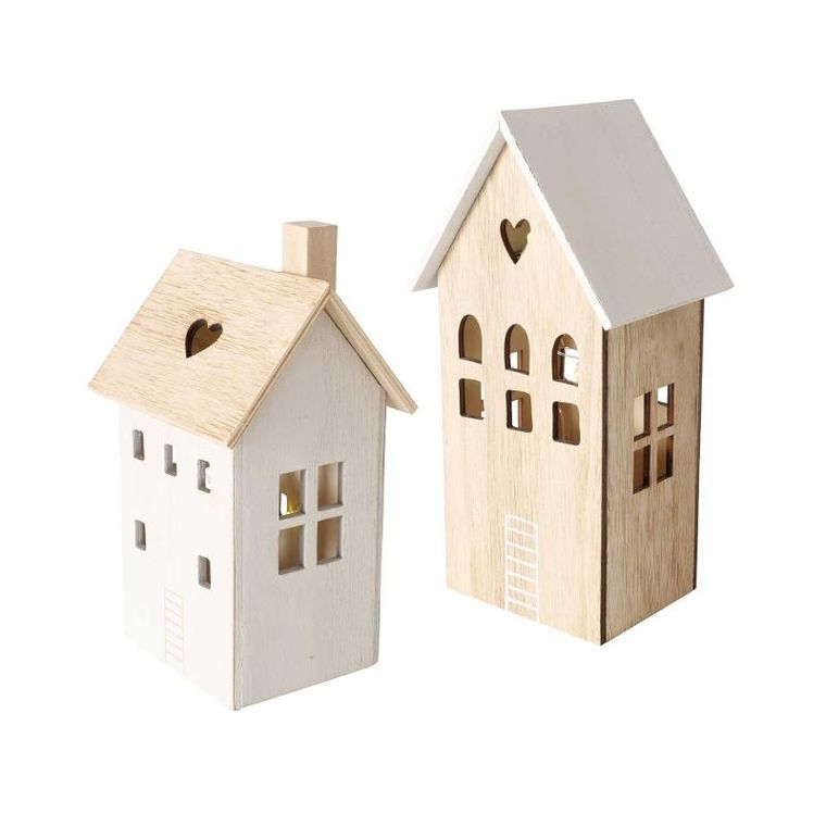 Boltze Home, drewniana dekoracja z oświetleniem, 2 domy, Aldea