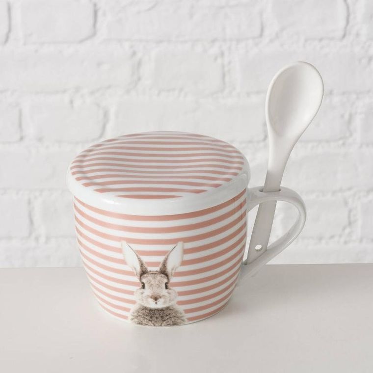 Boltze Home, kubek z pokrywką i z łyżeczką, Fluffy, porcelanowy, zajączek, 600 ml
