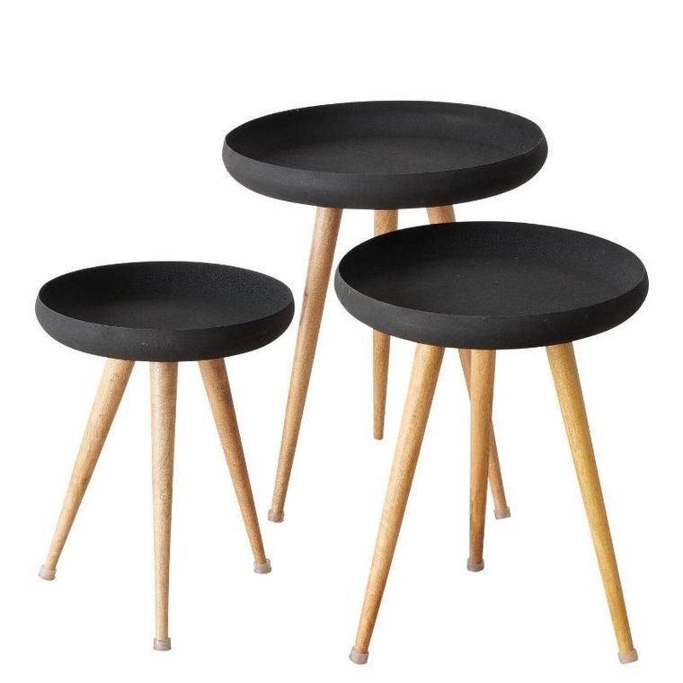 Boltze Home, stoliki kawowe loftowe z czarnym blatem i nogami z drewna mango, Masdour, 3 szt.