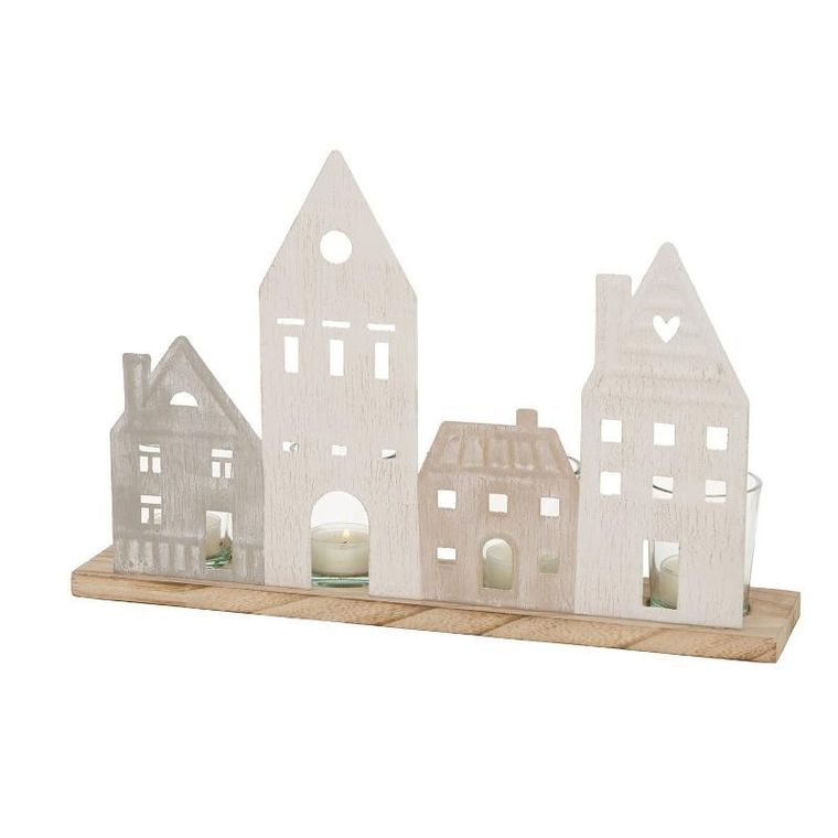 Boltze Home, świecznik na podgrzewacze, drewniane kamienice, Nordy, 24-36 cm
