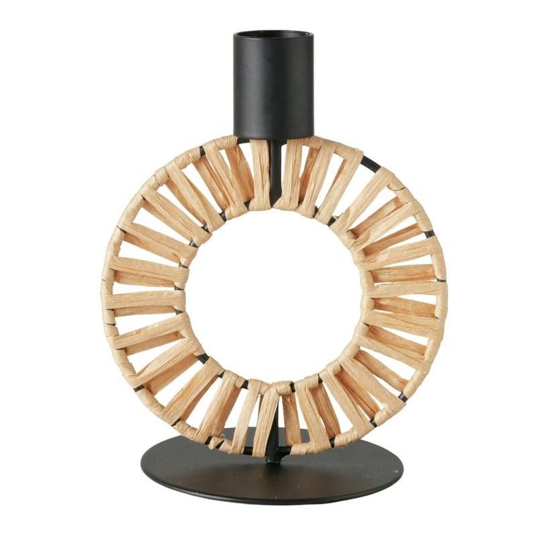 Boltze, metalowy świecznik ze słomkową plecionką, Toke, 16 cm