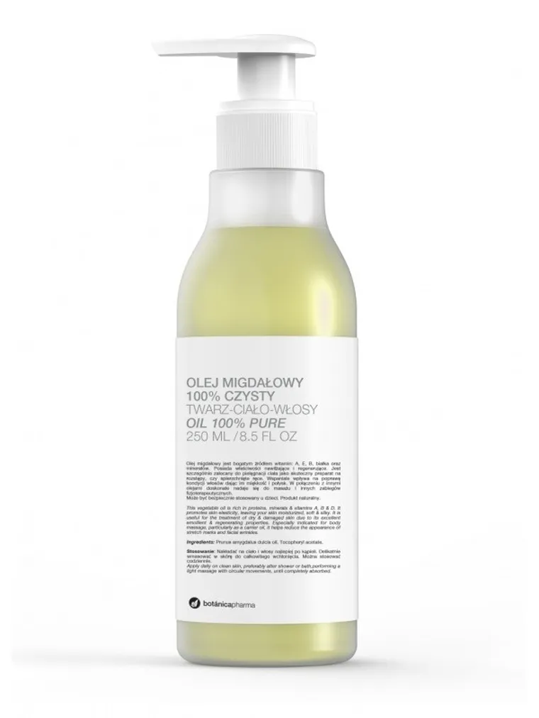 Botanicapharma, Olej migdałowy 100% czysty, do twarzy ciała i włosów, pompka, 250 ml