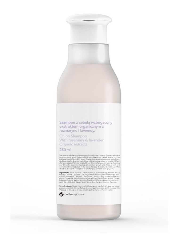 Botanicapharma, Onion Shampoo, szampon do włosów z cebulą wzbogacony ekstraktem organicznym z rozmarynu i lawendy, 250 ml
