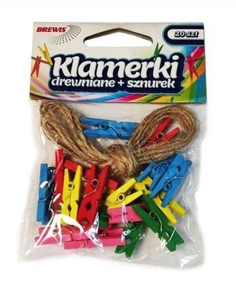 Brewis, klamerki + sznurek, kolorowe, 20 szt.