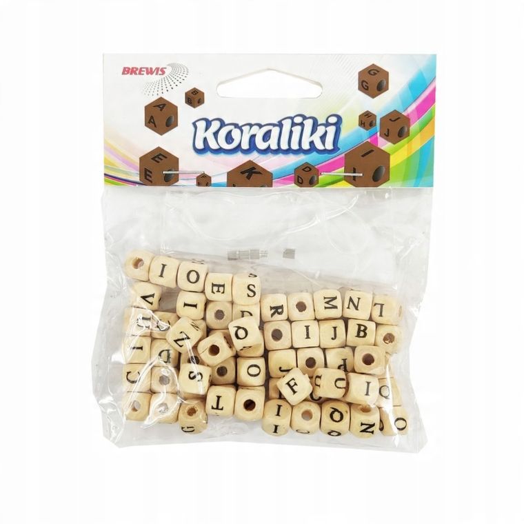 Brewis, koraliki drewniane, alfabet, 8 mm, 60 szt.