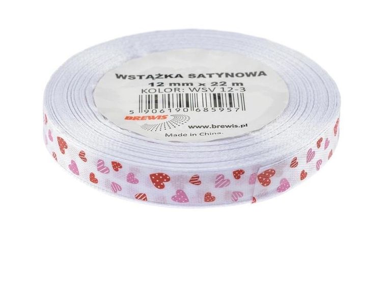 Brewis, wstążka satynowa, serca biała, 12mmx22m