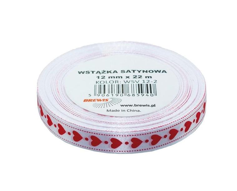 Brewis, wstążka satynowa, serca biała, 12mmx22m
