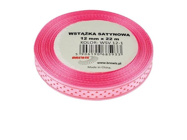 Brewis, wstążka satynowa, serca różowa, 12mmx22m