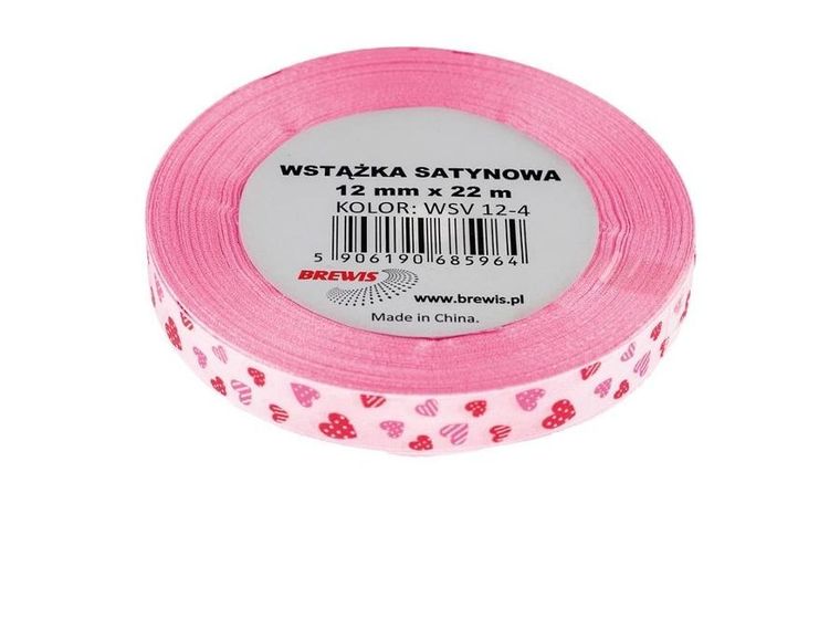 Brewis, wstążka satynowa, serca różowa, 12mmx22m