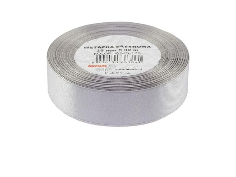 Brewis, wstążka satynowa, srebrna, 25mmx32m