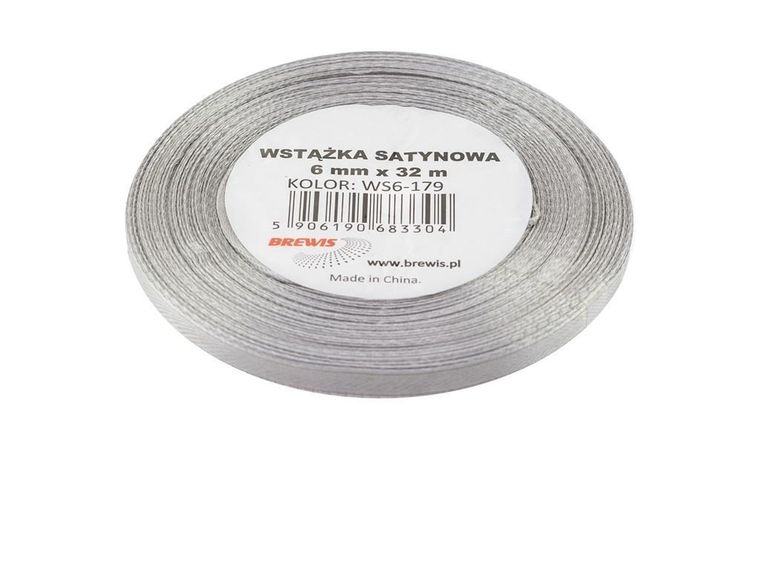 Brewis, wstążka satynowa, srebrna, 6mmx32m