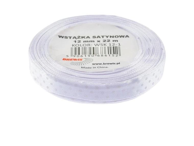 Brewis, wstążka satynowa, w kropki, biała, 12mmx22m