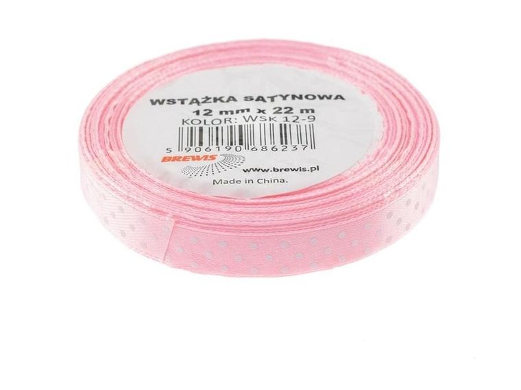 Brewis, wstążka satynowa, w kropki różowa, 12mmx22m