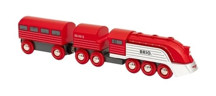 Brio World, futurystyczny pociąg z wagonami, zabawka drewniana