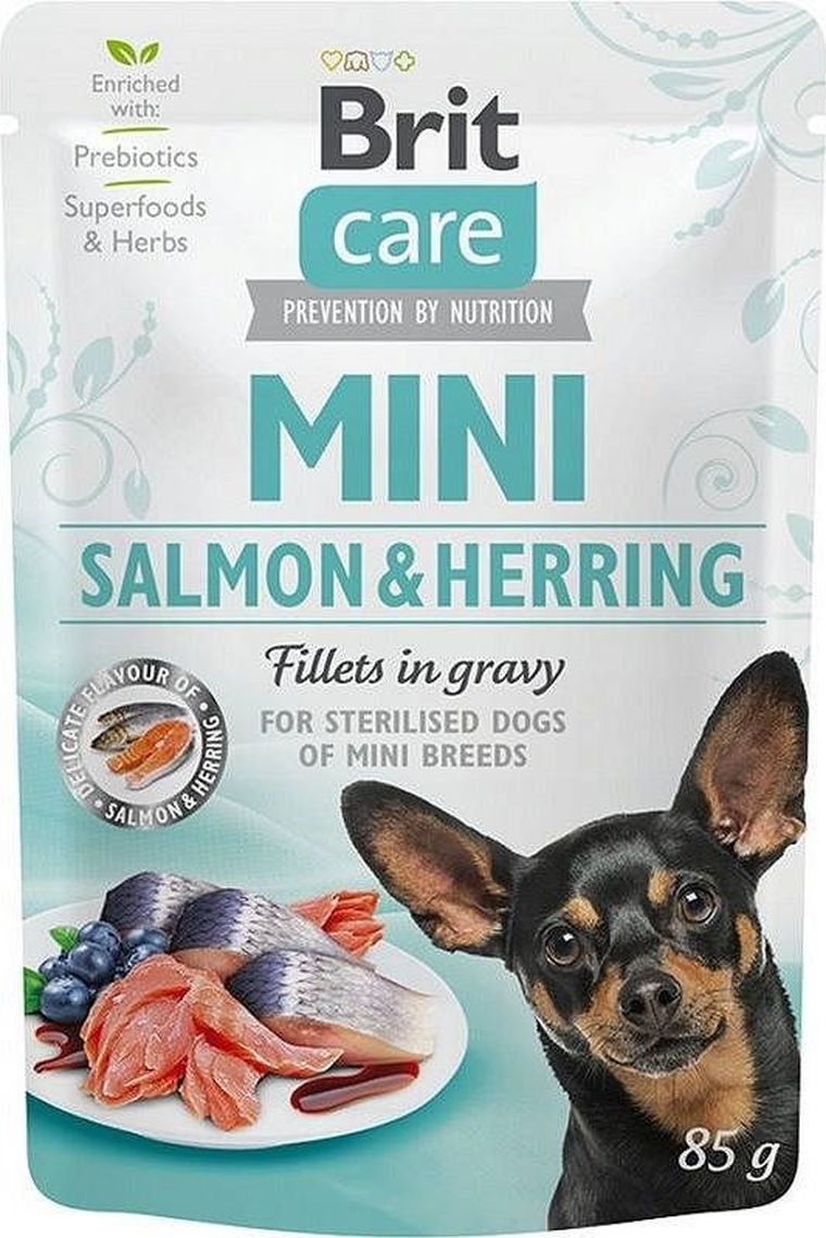 Brit, Care, Mini Pouch, Sterilised, mokra karma dla psa, salom & herring, 85g