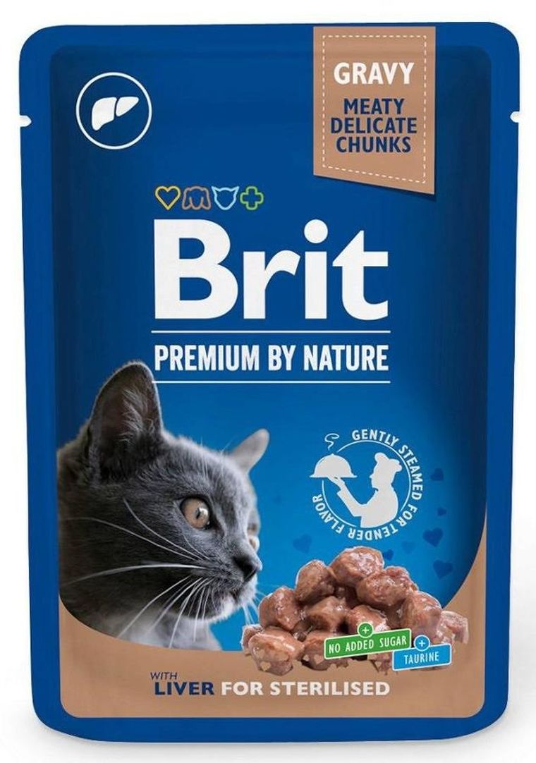 Brit, Cat, Pouches For Sterilized, mokra karma dla kota, liver, 100g