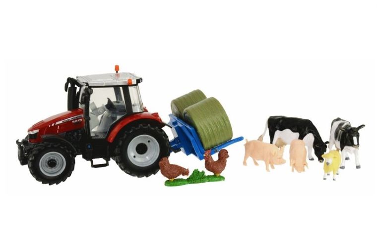 Britains, Massey Ferguson 5612, traktor z podnośnikiem do bel i figurkami zwierząt wiejskich, 1:32