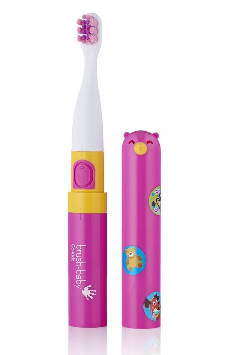 Brush-Baby, Go-Kidz, podróżna szczotka soniczna z naklejkami dla dzieci, różowa