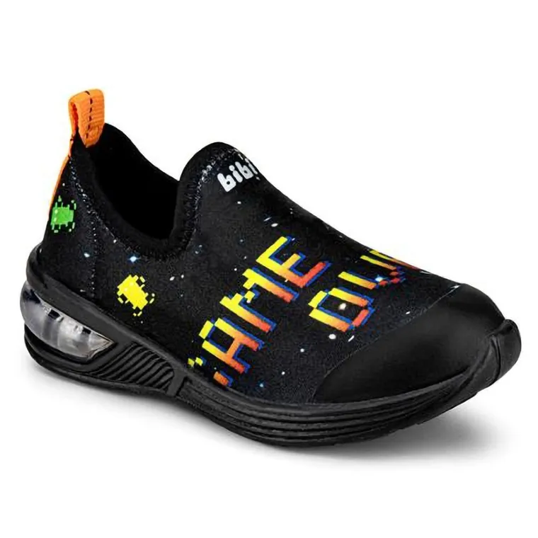 Buty sportowe chłopięce, slip on, czarne, świecąca podeszwa, Bibi Shoes