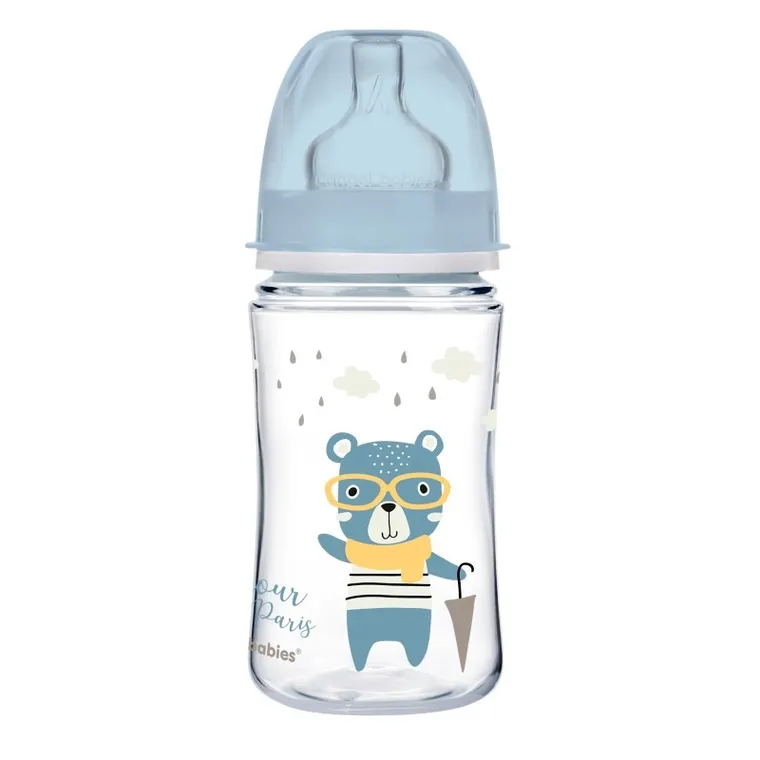 Canpol babies, EasyStart, Bonjour, butelka szeroka antykolkowa, niebieska, 3m+, 240 ml