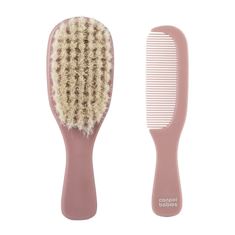 Canpol babies, Gold, szczotka i grzebień z naturalnym włosiem, różowa