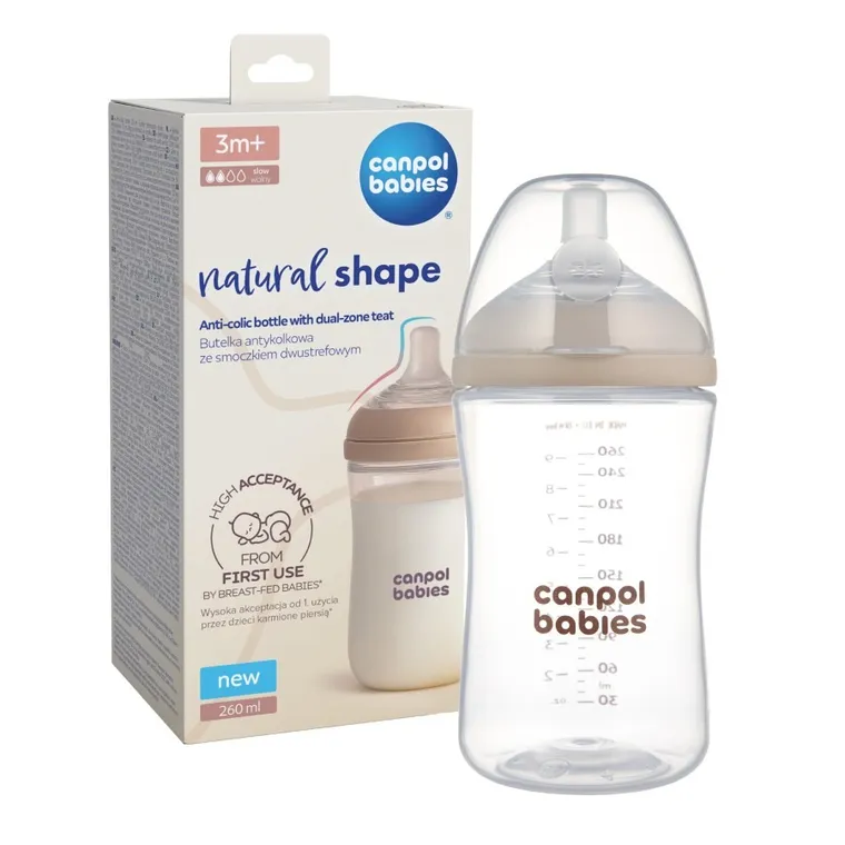 Canpol babies, Natural Shape, butelka ze smoczkiem dwustrefowym, 260 ml