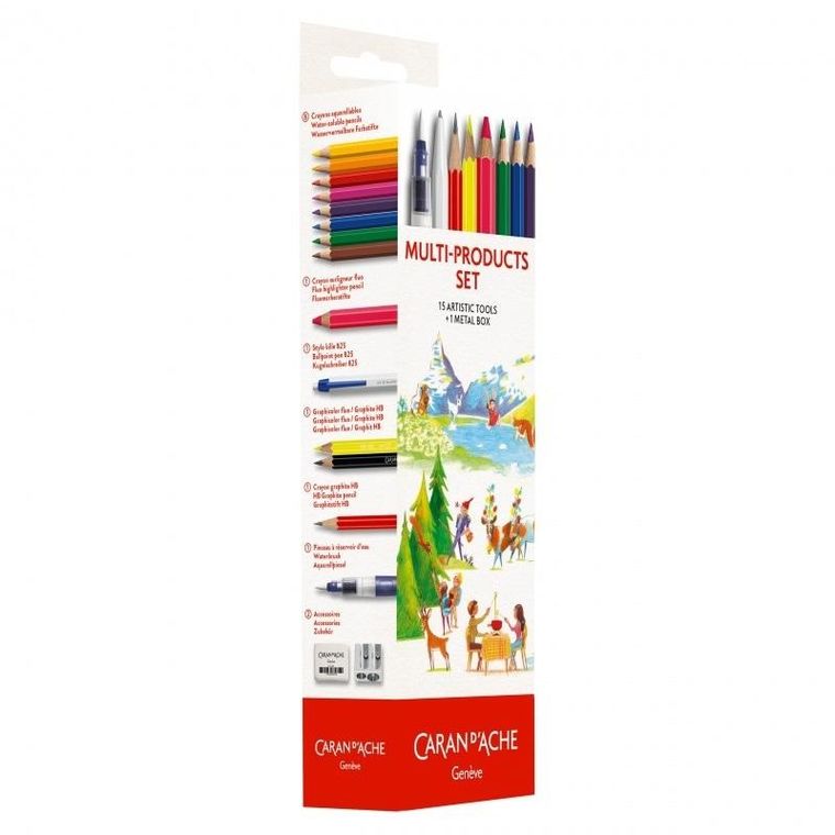 Caran d’Ache, metalowy piórnik z wyposażeniem, 16 elementów