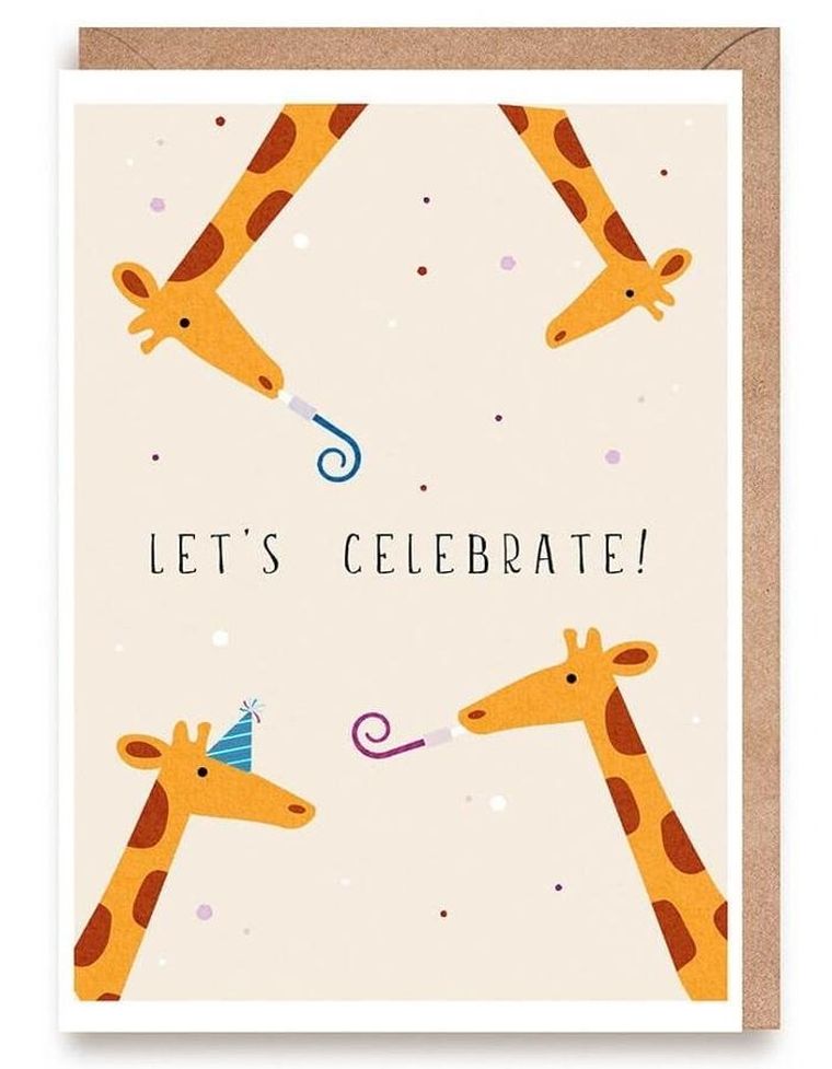 Cardie, kartka okolicznościowa A6, urodzinowa, Żyrafy, Let's celebrate!