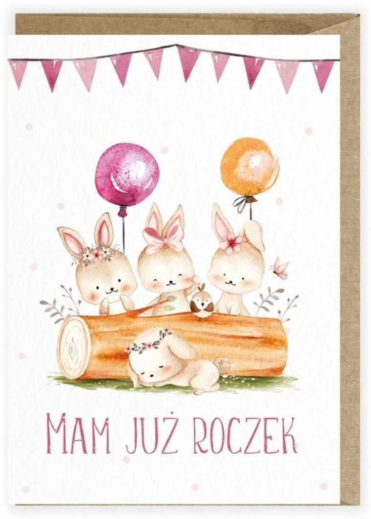 Cardie, kartka urodzinowa, Roczek, zajączki