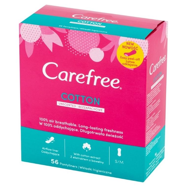 Carefree, Cotton, wkładki higieniczne, Uscented, bezzapachowe, 56 szt.