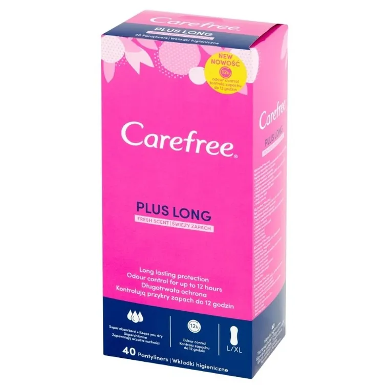 Carefree, Plus, Long, wkładki higieniczne, Fresh Scent, świeży zapach, 40 szt.