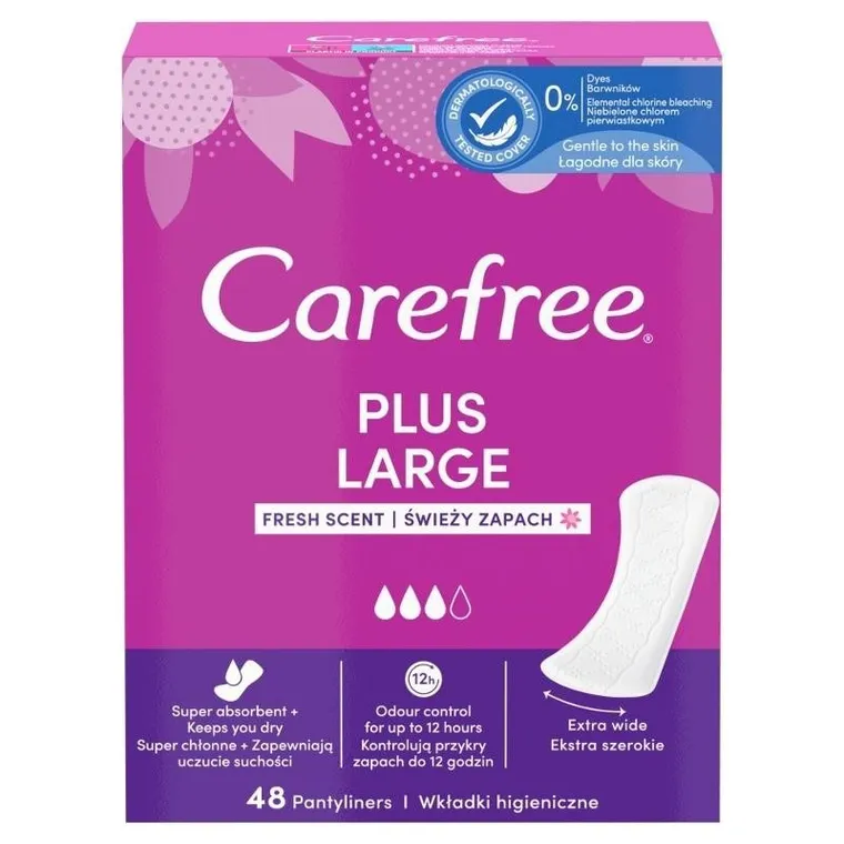 Carefree, wkładki higieniczne Fresh Scent, plus large, 48 szt.